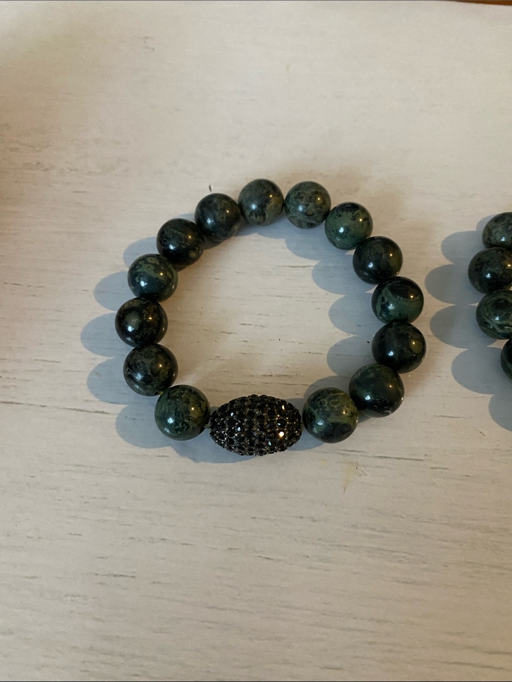 Green Beaded Stretch Bracelet with Black Pave Accent